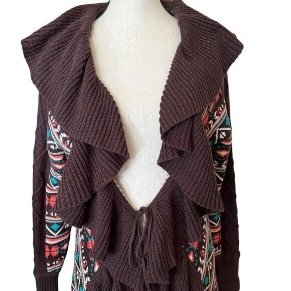 Powder River Outfitters Womens Ruffle Knit Cardigan Size L Brown Southwestern Pr - Picture 5 of 11